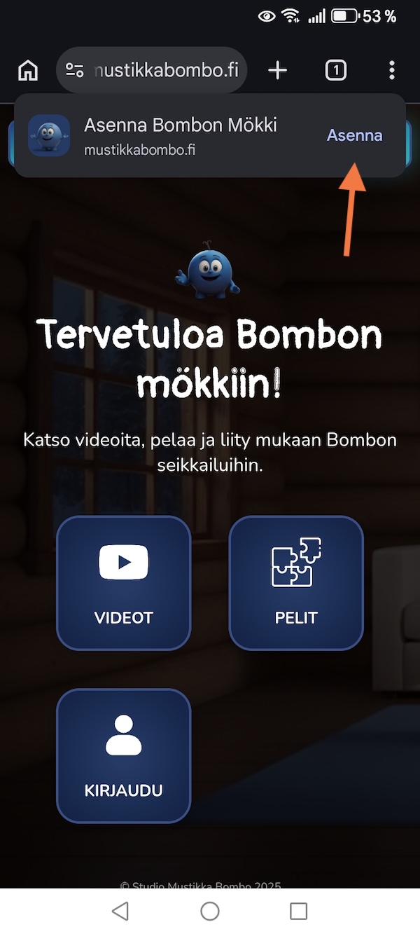 Android installation prompt visible in browser