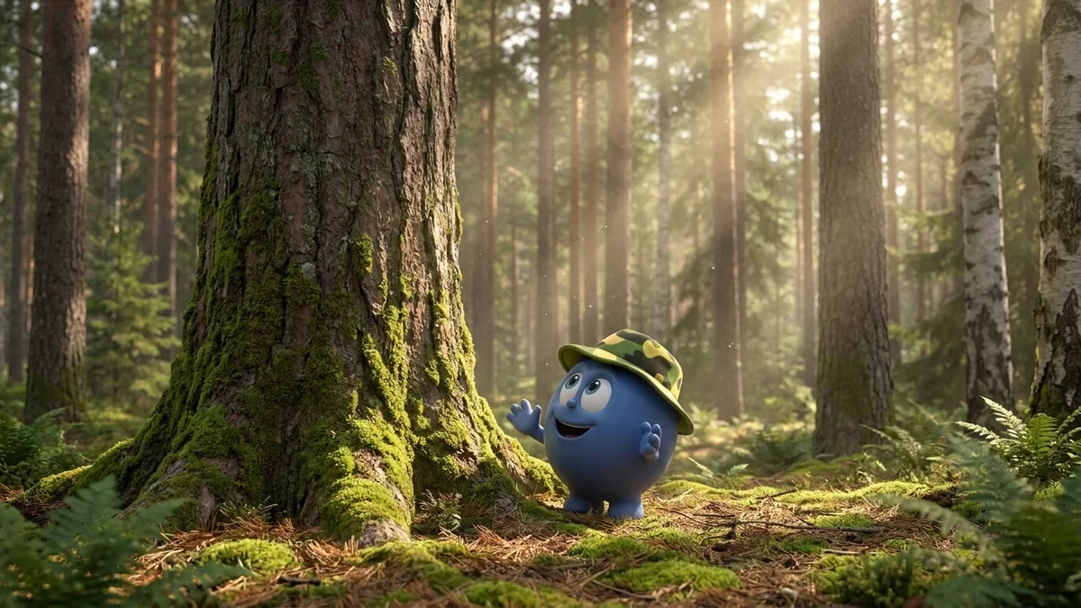 Bombo explores a large tree in the forest
