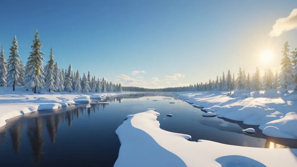 A winter river surrounded by snow-covered trees